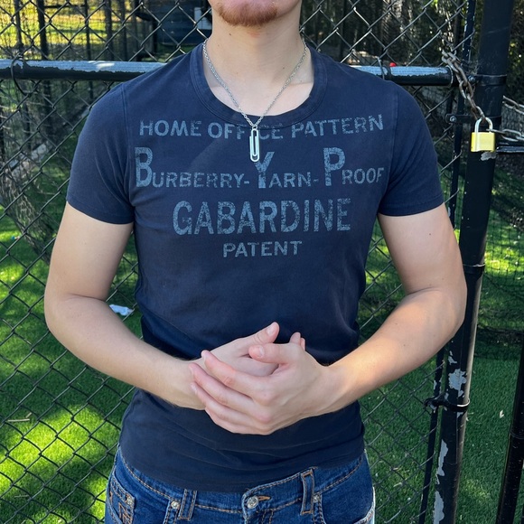 BURBERRY YARN PROOF HOME OFFICE PATTERN GABARDINE PATENT MEN NAVY BLUE T SHIRT S - Picture 2 of 16